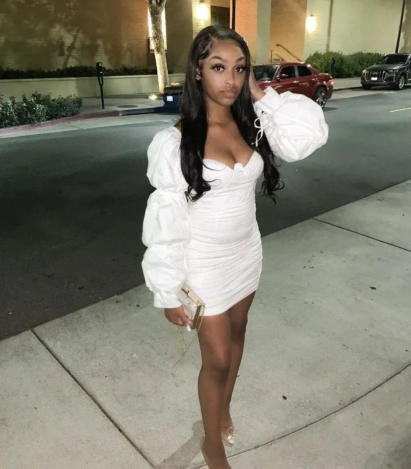 Women Sexy Wrap Dress White Long Puff Sleeve Ruched Dress White Homecoming Dress Y2165 - Image 2