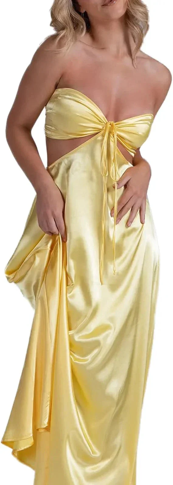 Women Wrap Chest Long Prom Dress Solid Color Hollow-Out Tie-Up Strapless Backless Cocktail Dress Party Sleeveless Dress Y4673 - Image 2