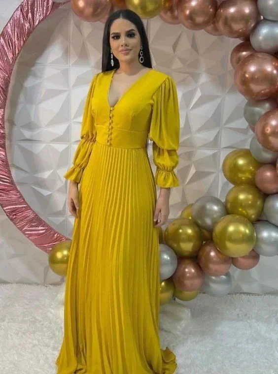 Womens A-line Pleated Prom Dress Yellow Evening Dress Y6305 - Image 2