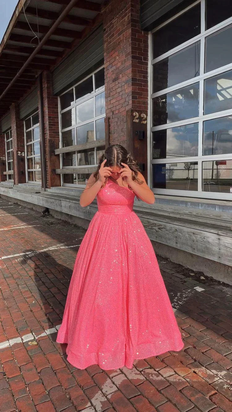 Women's Asymmetric Straps Sequins Long Prom Dress With Pockets Generous Evening Gown Y312 - Image 6