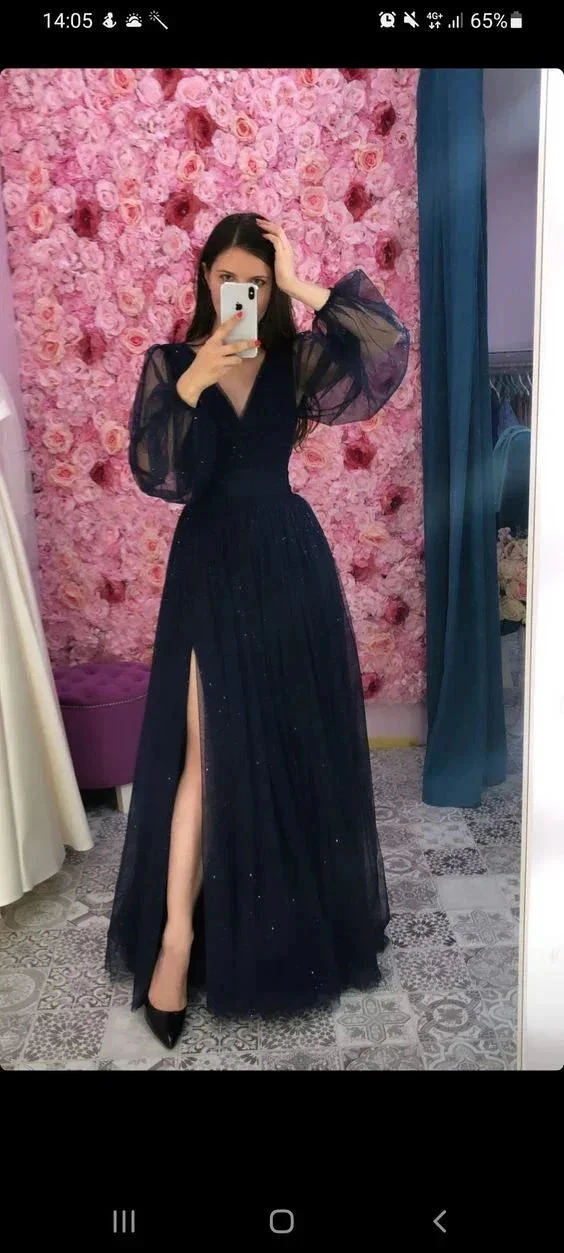 Women's Navy Blue  Prom Dress With Puffy Sleeves,Elegant V Neck Long Evening Dress Y1083 - Image 2