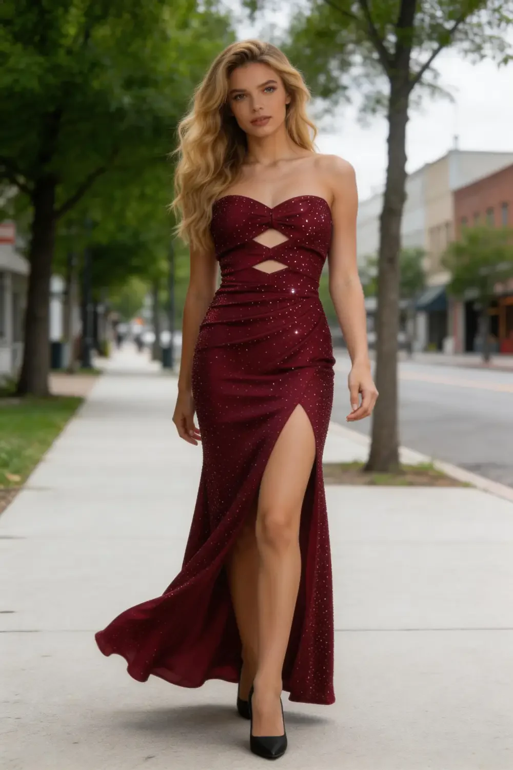 Burgundy Strapless Glitter Mermaid Prom Dress With Cutout And Slit - Image 4