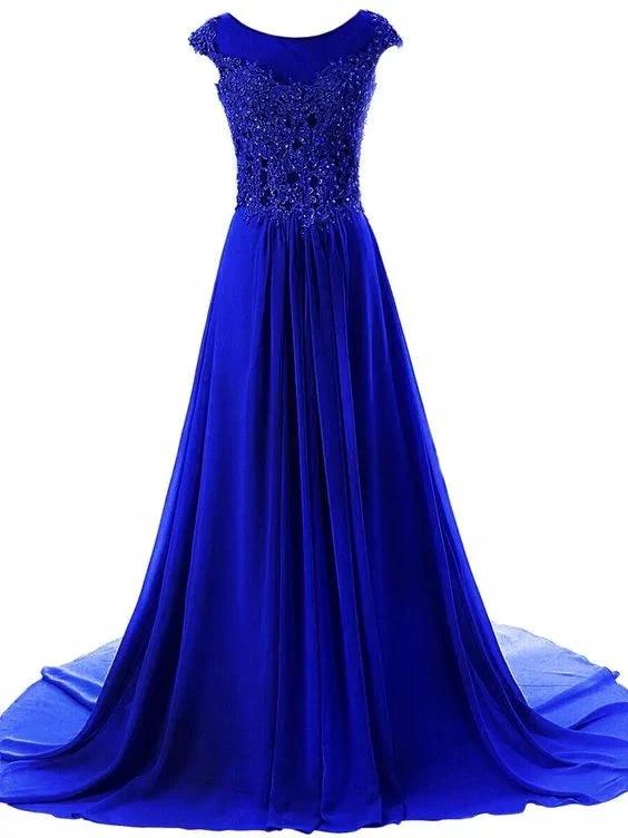 Women's Cap Sleeves Long Chiffon Lace Evening Gown Prom Dresses-Royal Blue Y945 - Image 2