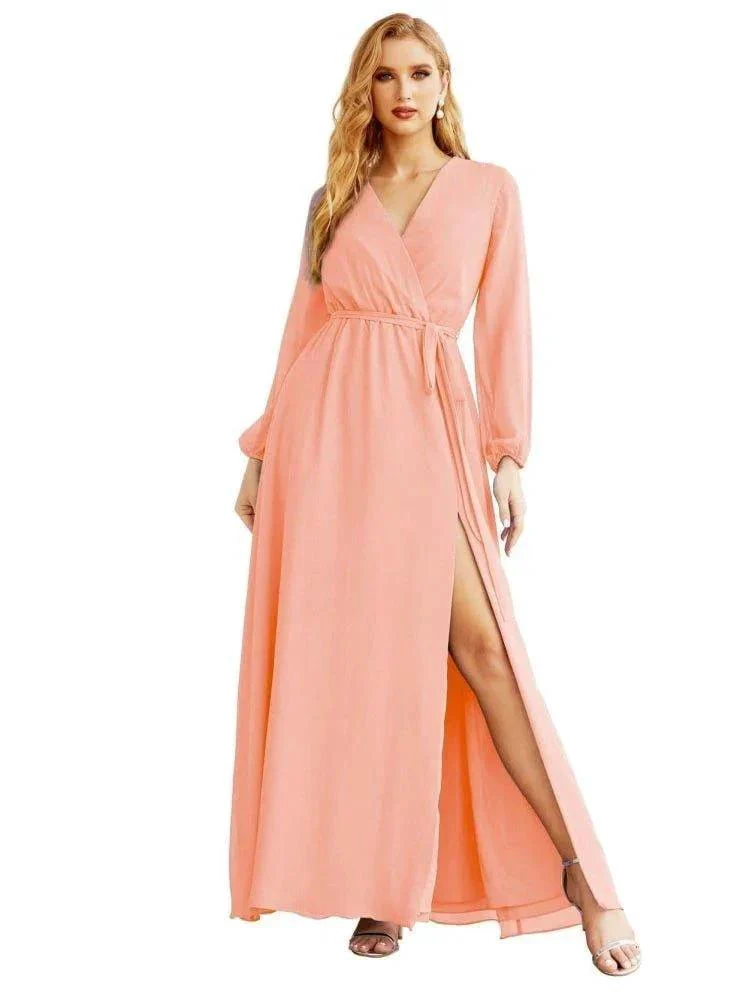 Women's Chiffon Bridesmaid Dress A line Long Sleeves Formal Evening Prom Gown for Wedding Guest SEA28032 - Image 29