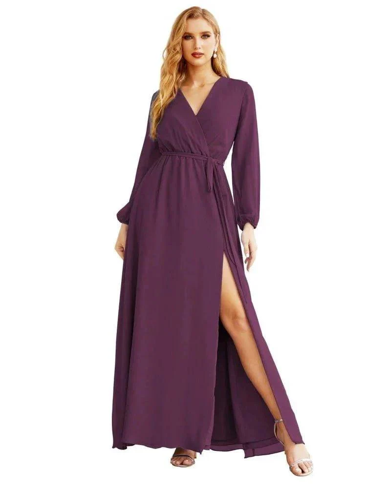 Women's Chiffon Bridesmaid Dress A line Long Sleeves Formal Evening Prom Gown for Wedding Guest SEA28032 - Image 31