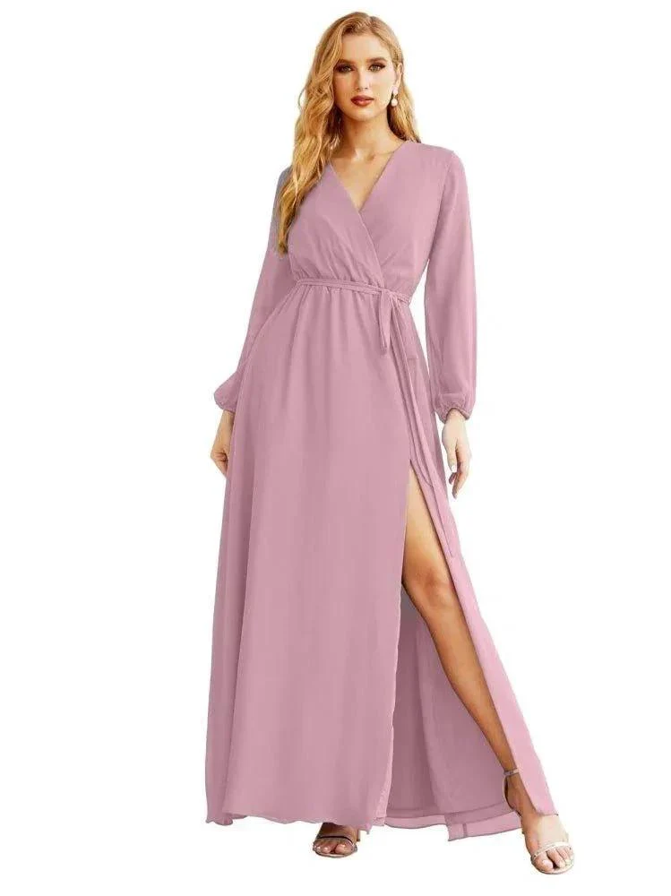 Women's Chiffon Bridesmaid Dress A line Long Sleeves Formal Evening Prom Gown for Wedding Guest SEA28032 - Image 32