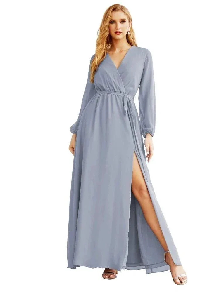 Women's Chiffon Bridesmaid Dress A line Long Sleeves Formal Evening Prom Gown for Wedding Guest SEA28032 - Image 4