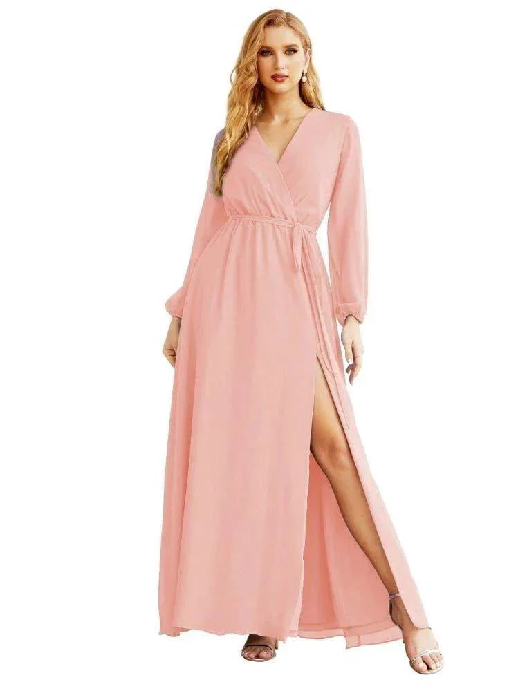 Women's Chiffon Bridesmaid Dress A line Long Sleeves Formal Evening Prom Gown for Wedding Guest SEA28032 - Image 40
