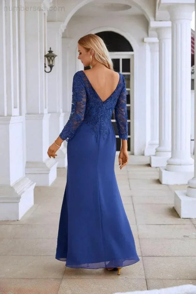 Women's Chiffon V Neck Embroidery Long Sleeve Front Slit Bridesmaid Dresses Wedding Party Prom Evening Dress SY28130 - Image 2