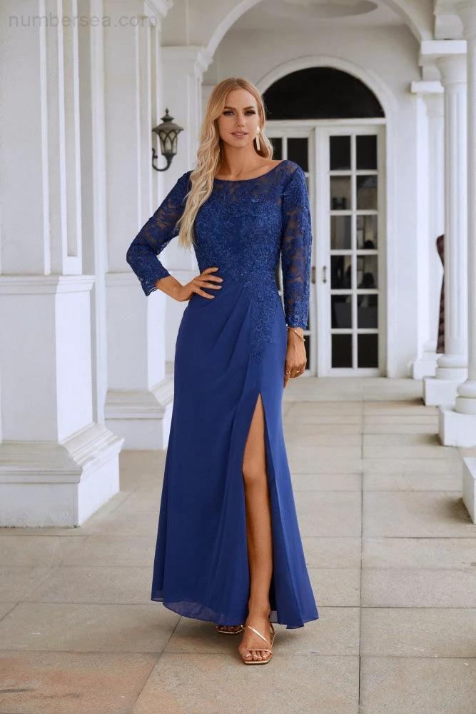 Women's Chiffon V Neck Embroidery Long Sleeve Front Slit Bridesmaid Dresses Wedding Party Prom Evening Dress SY28130 - Image 3