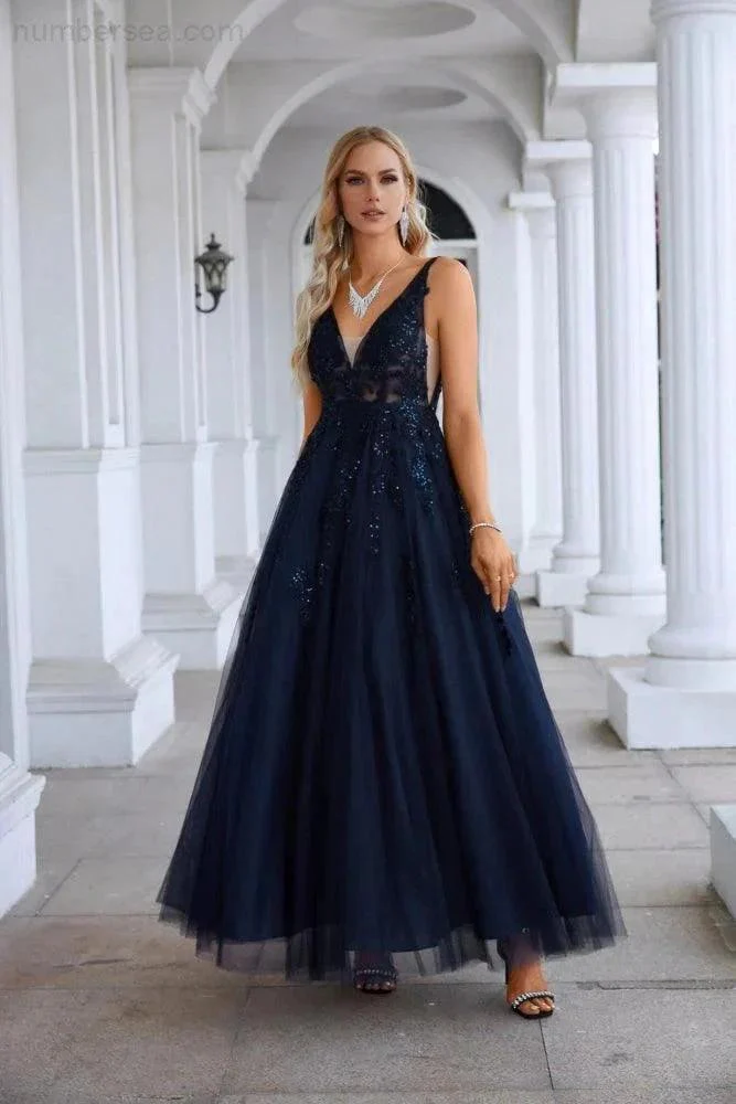 Women's Chiffon V Neck Tulle Embroidery Floor Mop Bridesmaid Evening Dress Prom Wedding Party Evening Dress 28128 - Image 3