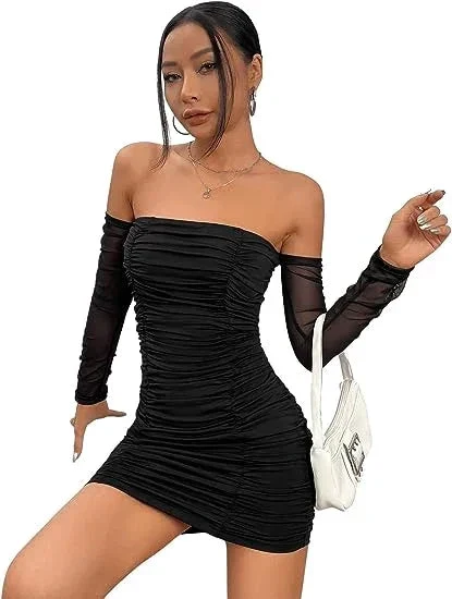 Women's Contrast Mesh Off The Shoulder Ruched Pencil Hem Fitted Homecoming Dress Y2572 - Image 2