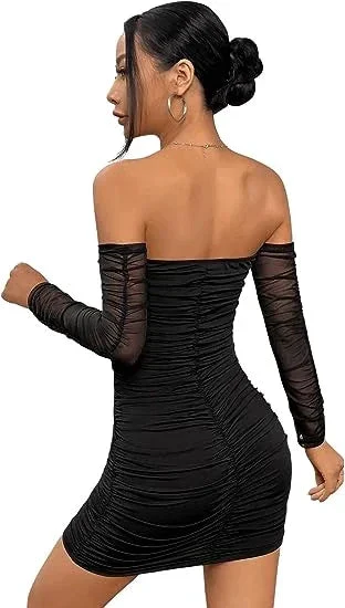 Women's Contrast Mesh Off The Shoulder Ruched Pencil Hem Fitted Homecoming Dress Y2572 - Image 3
