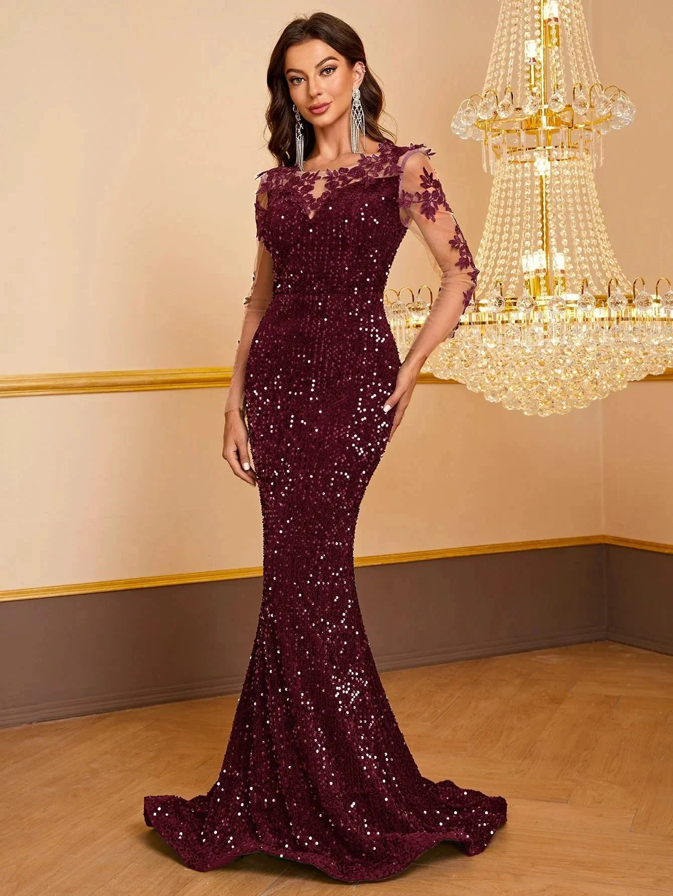 Women's Contrast Sequin embroidered Mermaid Hem Sequin Prom Dress - Image 6