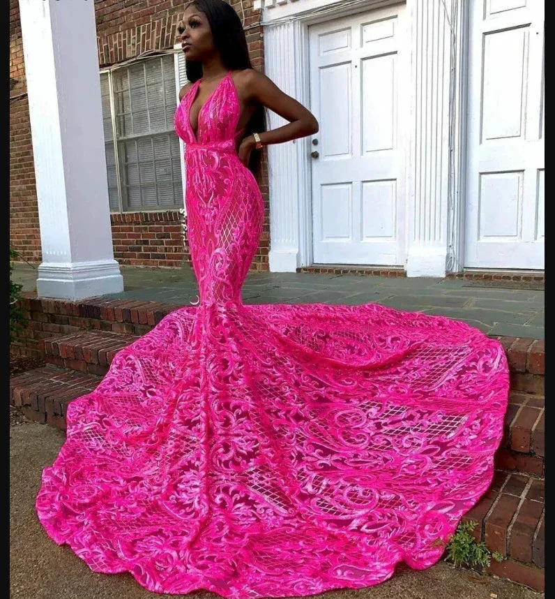 Women's Evening Dresses Long Black Lace Fuchsia African Prom Gowns Y873 - Image 2