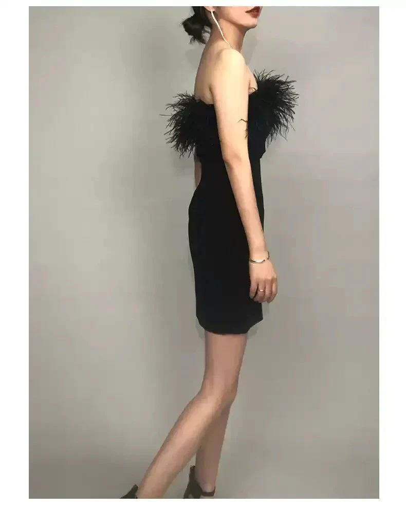 Womens Feather Off Shoulder Bandage Dresses Side Split Cocktail Party Bodycon Dress Black Short Homecoming Dress Y1356 - Image 2