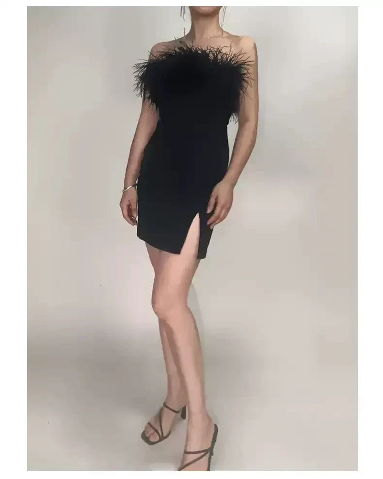 Womens Feather Off Shoulder Bandage Dresses Side Split Cocktail Party Bodycon Dress Black Short Homecoming Dress Y1356 - Image 3