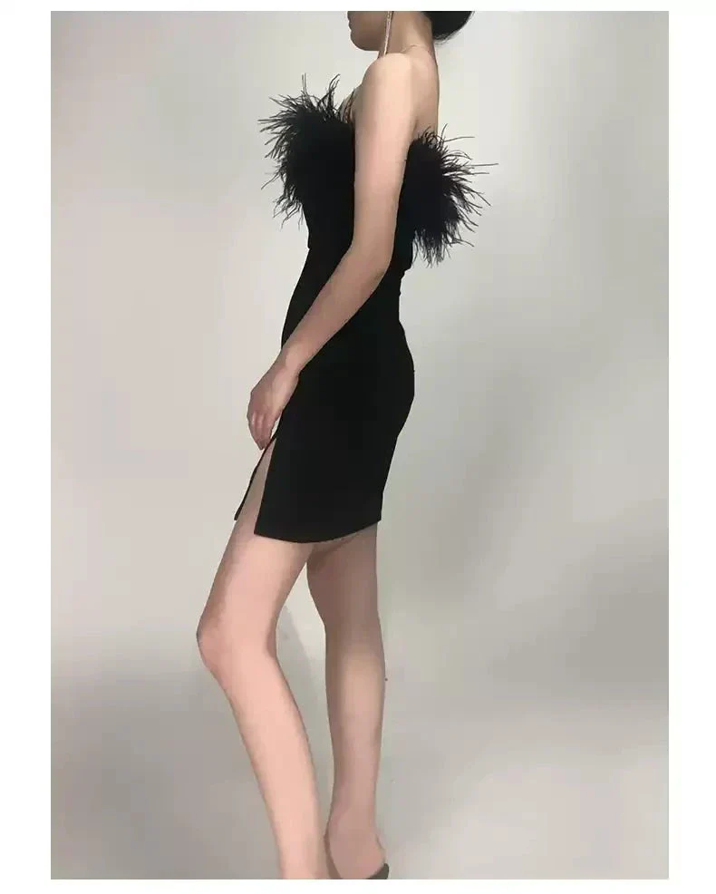 Womens Feather Off Shoulder Bandage Dresses Side Split Cocktail Party Bodycon Dress Black Short Homecoming Dress Y1356 - Image 5