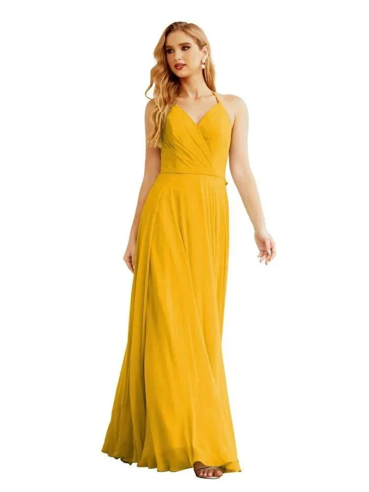 Women's Halter Chiffon Bridesmaid Dresses Wedding Apparel Long Sleeveless Formal Prom Dress with Ruffled Back SEA28035 - Image 2