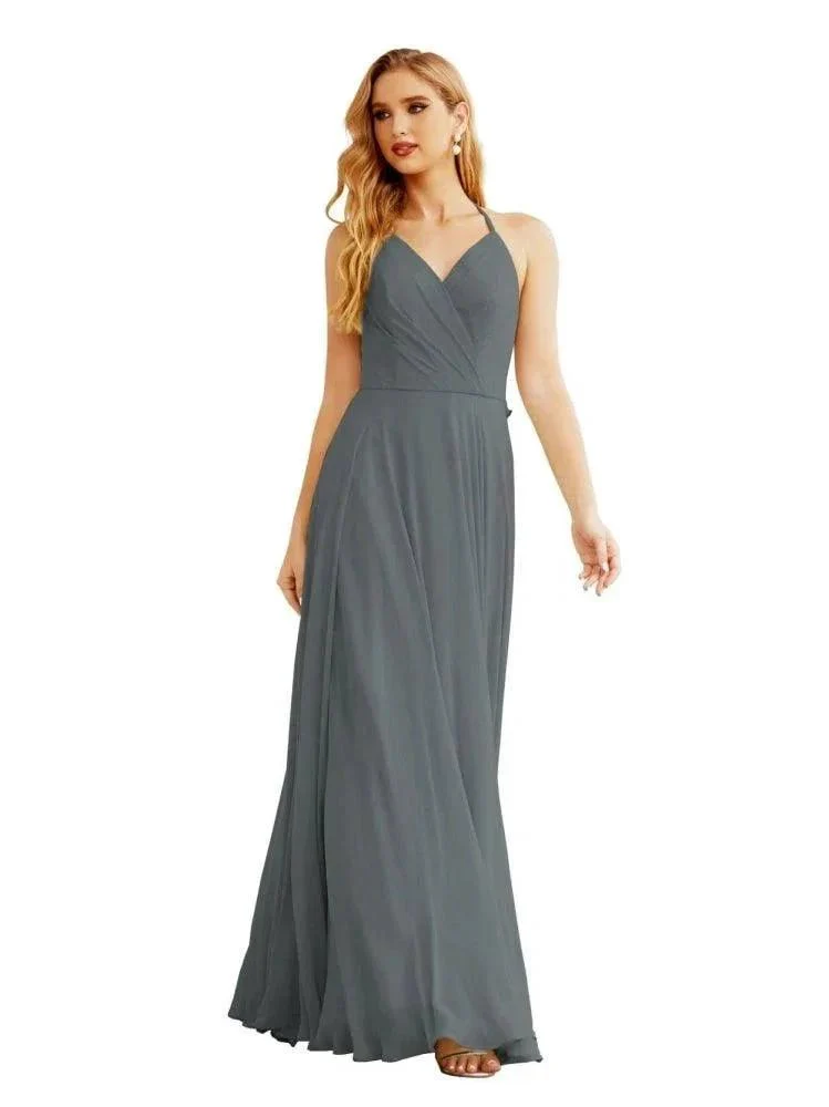 Women's Halter Chiffon Bridesmaid Dresses Wedding Apparel Long Sleeveless Formal Prom Dress with Ruffled Back SEA28035 - Image 38