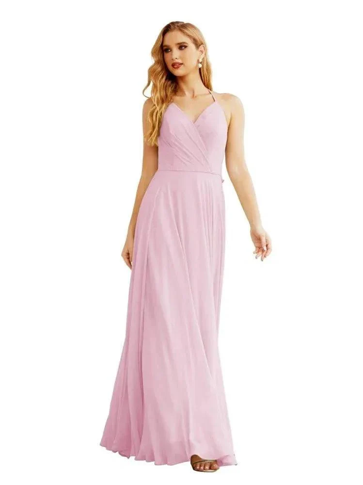 Women's Halter Chiffon Bridesmaid Dresses Wedding Apparel Long Sleeveless Formal Prom Dress with Ruffled Back SEA28035 - Image 39