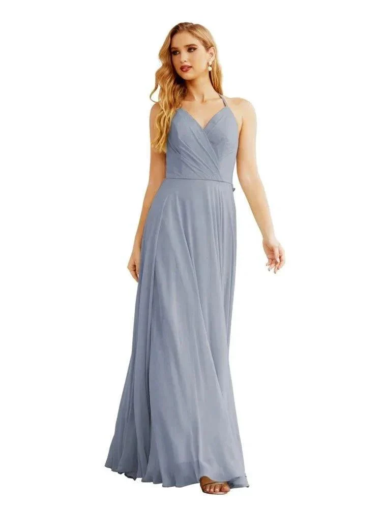 Women's Halter Chiffon Bridesmaid Dresses Wedding Apparel Long Sleeveless Formal Prom Dress with Ruffled Back SEA28035 - Image 4