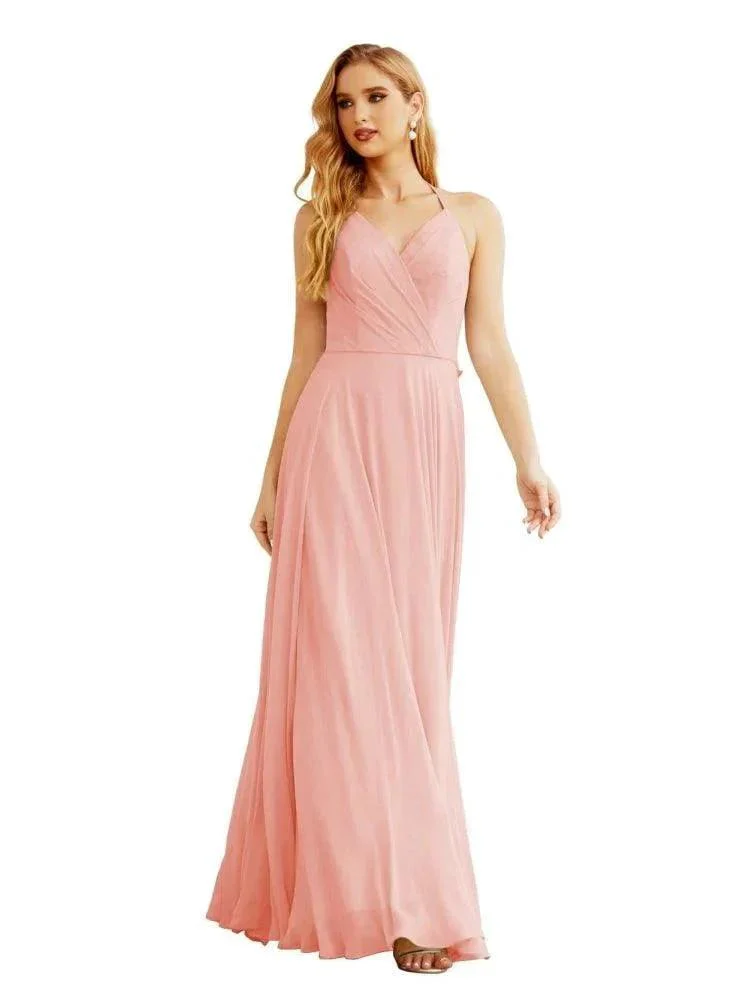 Women's Halter Chiffon Bridesmaid Dresses Wedding Apparel Long Sleeveless Formal Prom Dress with Ruffled Back SEA28035 - Image 40