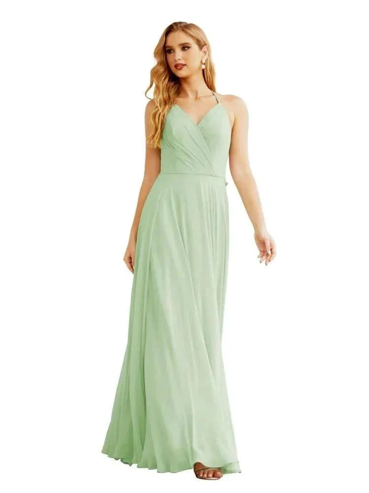 Women's Halter Chiffon Bridesmaid Dresses Wedding Apparel Long Sleeveless Formal Prom Dress with Ruffled Back SEA28035 - Image 5