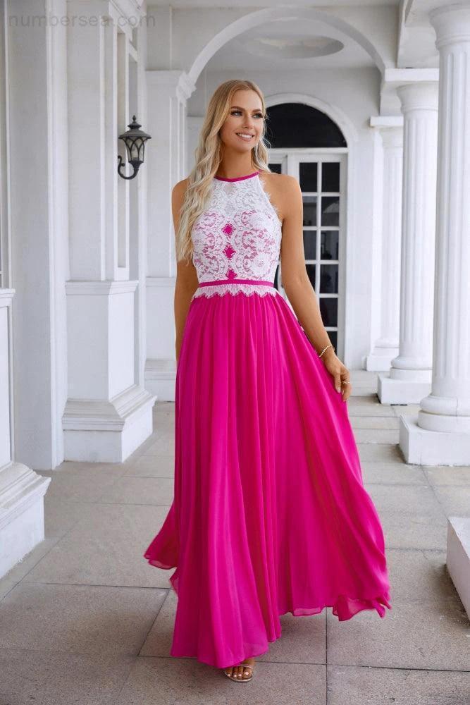 Women's Halter Neck Sleeveless Chiffon Lace Bridesmaid Evening Dress Wedding Prom Party Evening Dress 28120 - Image 3