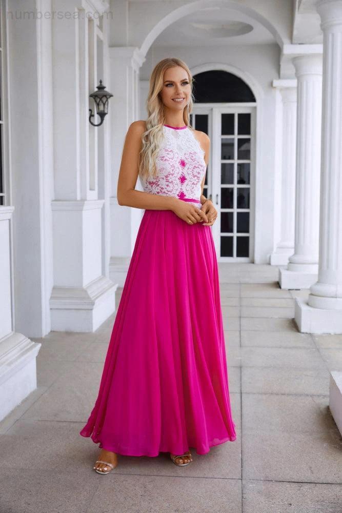 Women's Halter Neck Sleeveless Chiffon Lace Bridesmaid Evening Dress Wedding Prom Party Evening Dress 28120 - Image 4