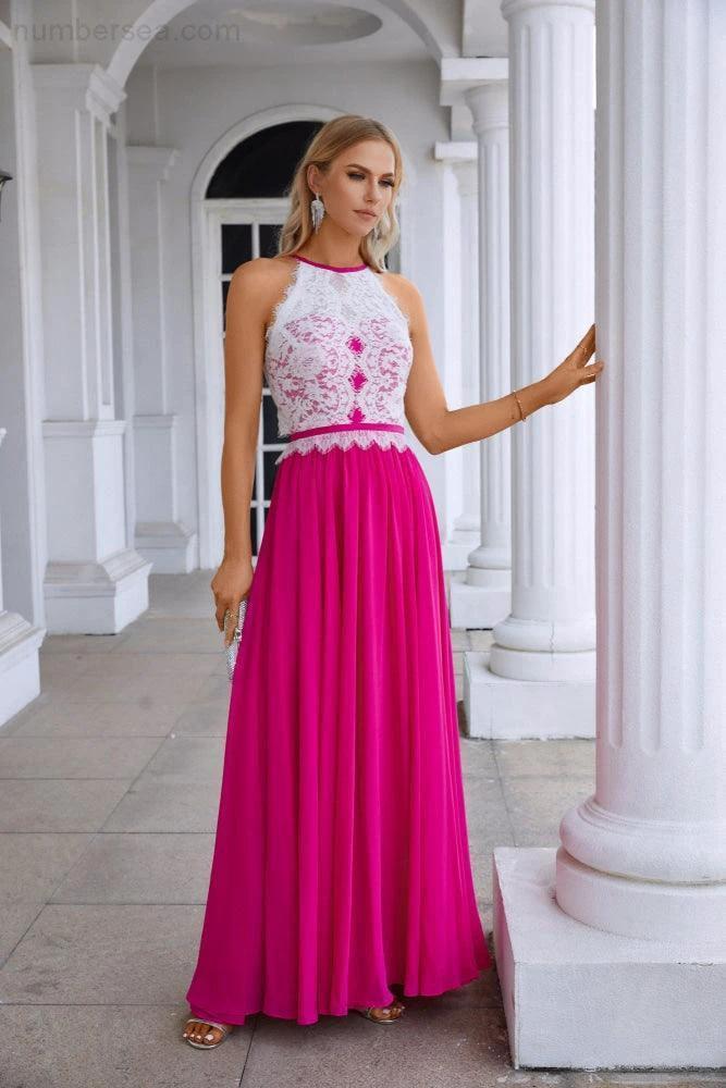 Women's Halter Neck Sleeveless Chiffon Lace Bridesmaid Evening Dress Wedding Prom Party Evening Dress 28120 - Image 5