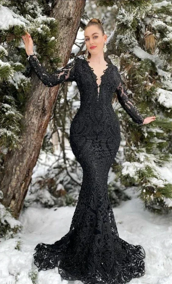 Women's Lace Mermaid Evening Dress Luxurious Black Prom Dress Y6890 - Image 2
