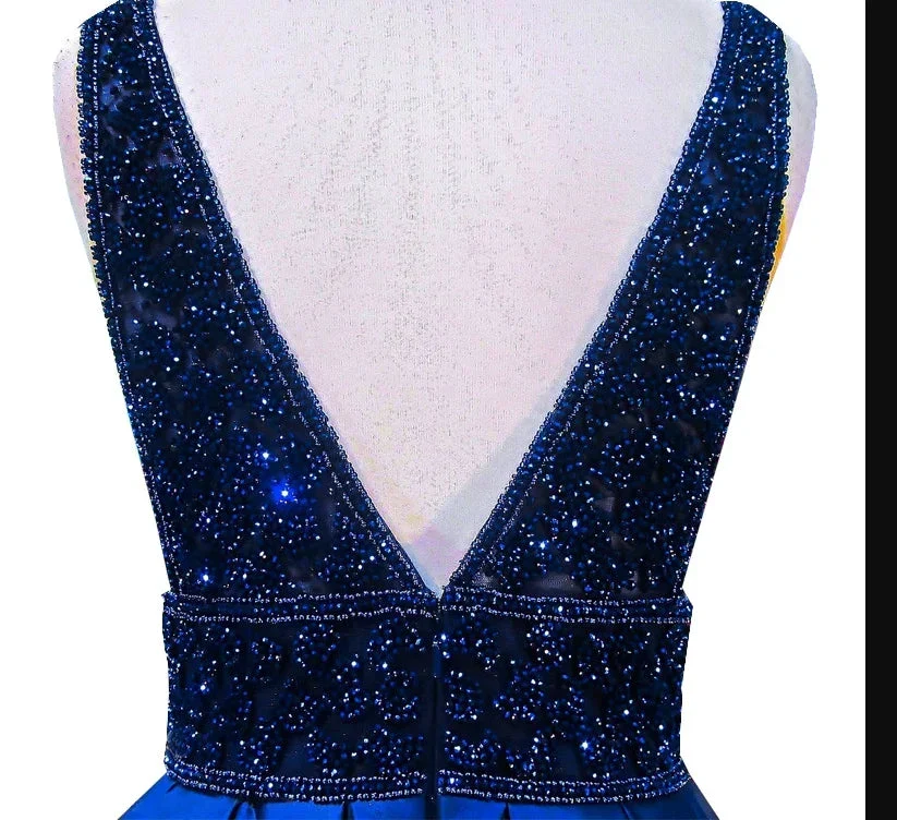 Women's Long Evening Dress Navy Blue V-Neck Sleeveless Open Back Beaded Formal Evening Dress Y1193 - Image 2