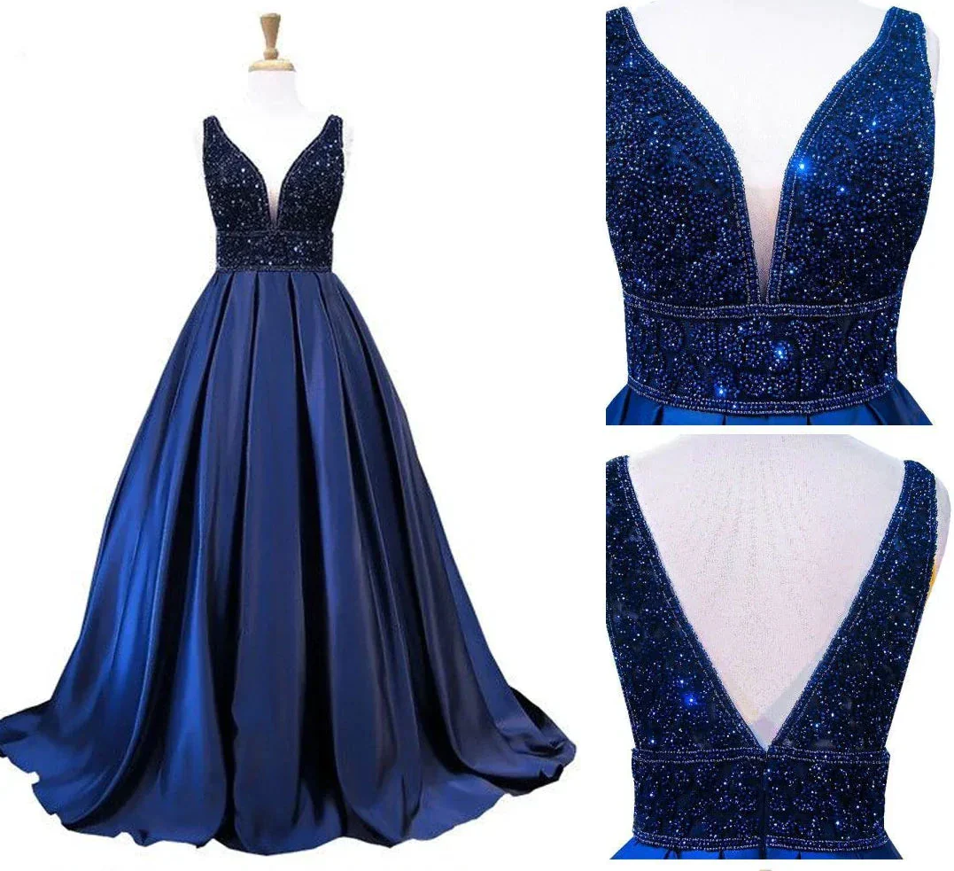 Women's Long Evening Dress Navy Blue V-Neck Sleeveless Open Back Beaded Formal Evening Dress Y1193 - Image 3