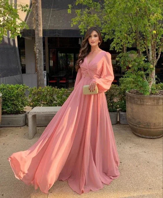 Women's Long Sleeve Country Bridesmaid Dress V Neck Chiffon Evening Dress Y7208 - Image 2