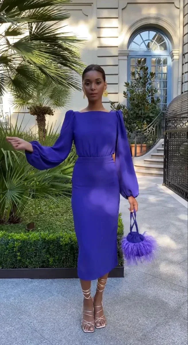 Women's Long Sleeve Evening Dresses Sheath Tea Length Evening Dress Y4745 - Image 2