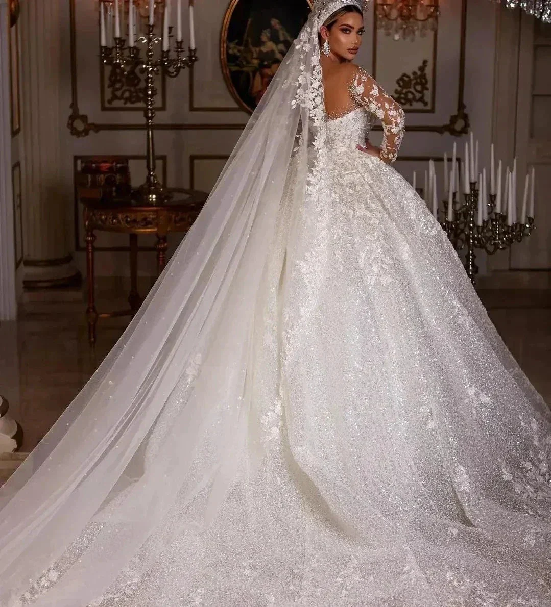 Women's Luxury Lace Wedding Dresses Dubai Long Sleeves Sequins Beads Sheer Neck Appliques Glitter Tulle Bride Gowns Vestido Noiv - Image 2
