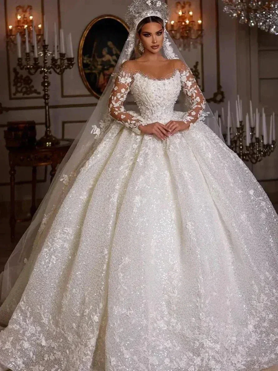 Women's Luxury Lace Wedding Dresses Dubai Long Sleeves Sequins Beads Sheer Neck Appliques Glitter Tulle Bride Gowns Vestido Noiv - Image 3