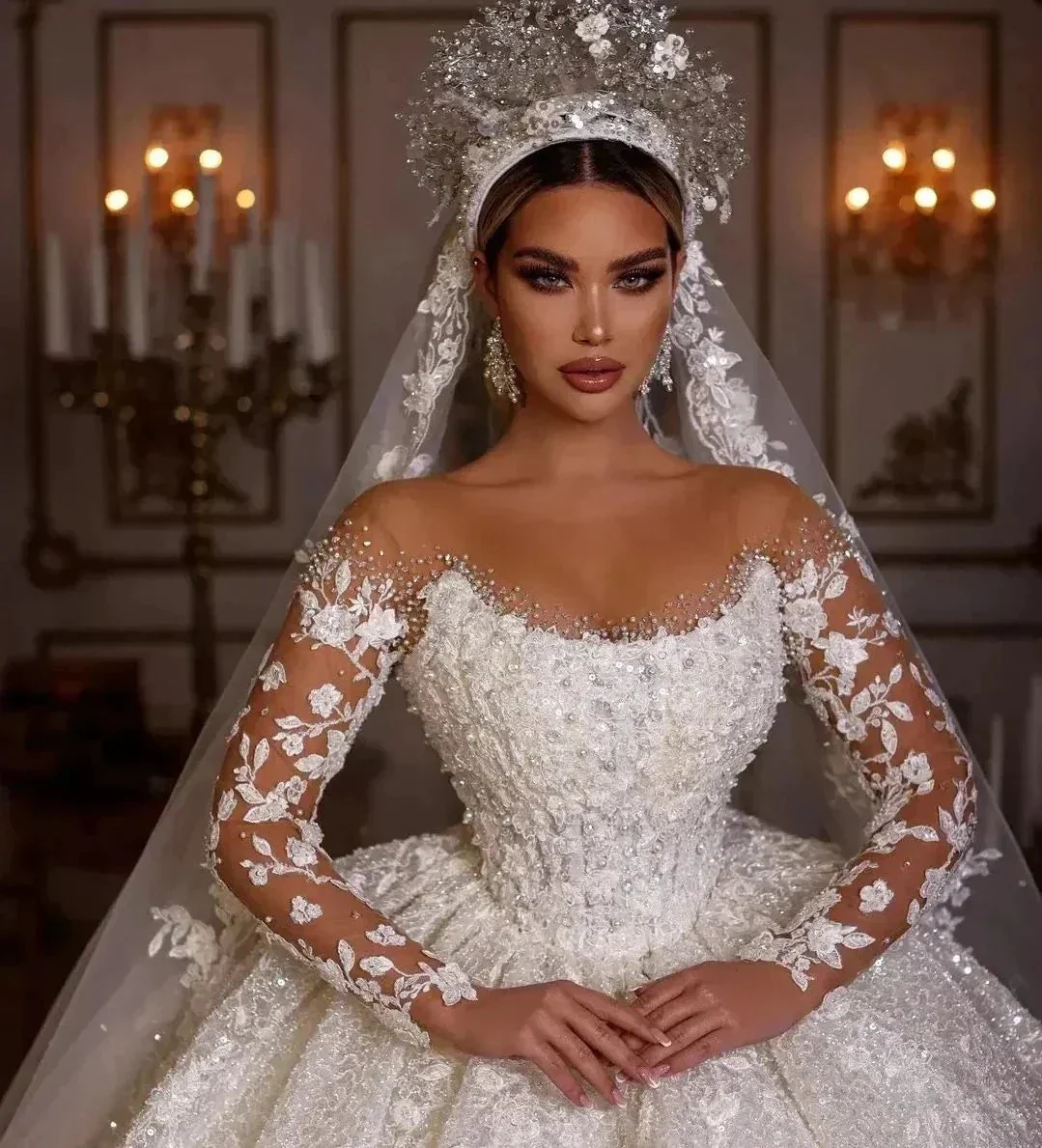 Women's Luxury Lace Wedding Dresses Dubai Long Sleeves Sequins Beads Sheer Neck Appliques Glitter Tulle Bride Gowns Vestido Noiv - Image 4