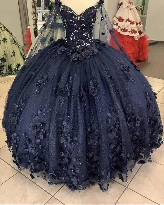 Women's Navy Blue Quinceanera Dresses Appliques Beaded Dresses 3D Flowers Ball Gown,Y2480 - Image 2