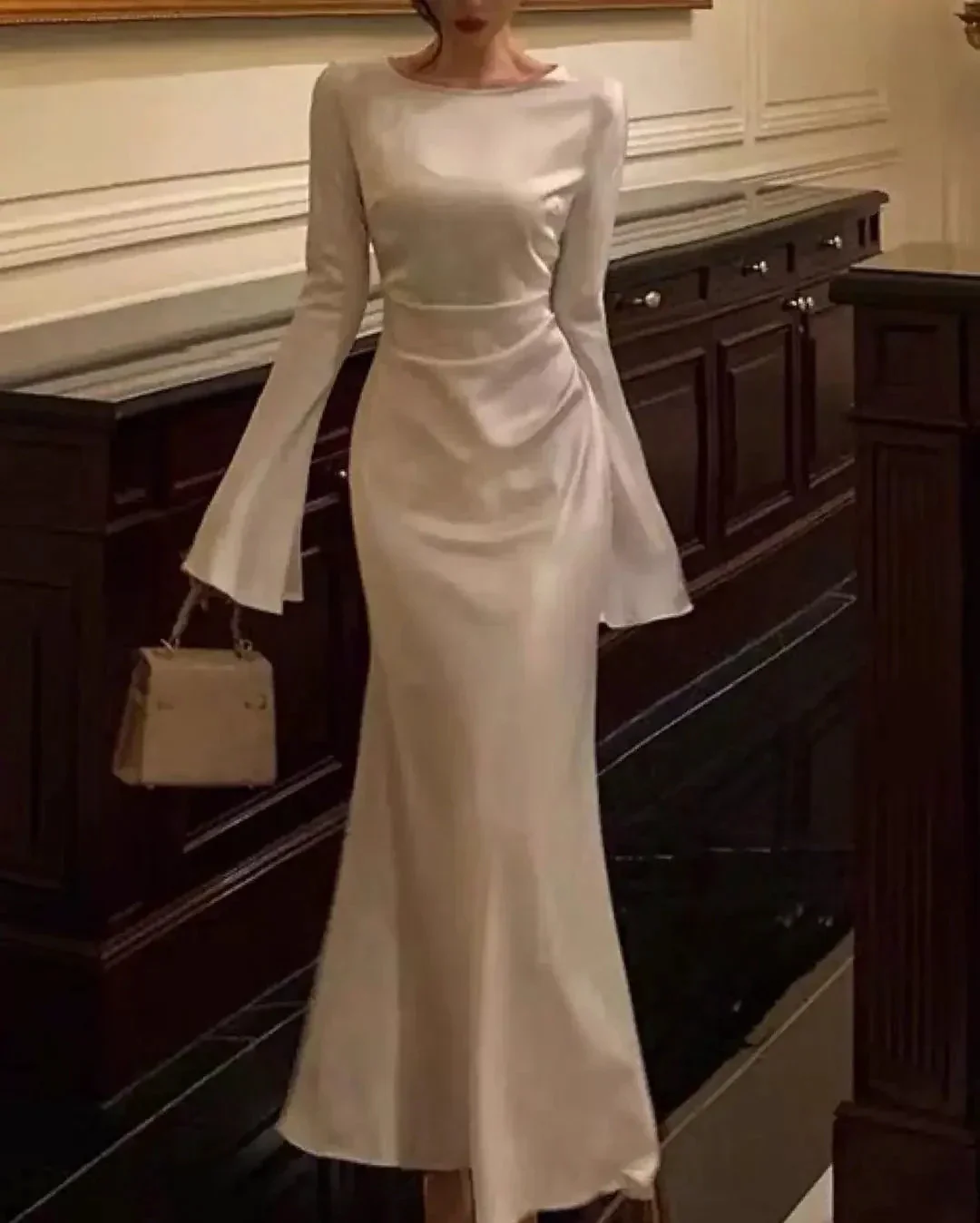 Women's O-Neck Satin Evening Dress Simple White Cocktail Dress Y6894 - Image 3