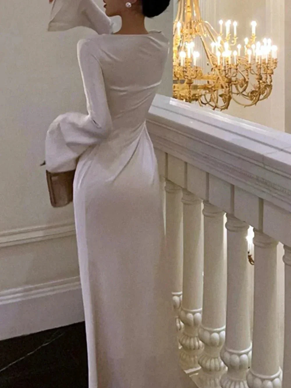 Women's O-Neck Satin Evening Dress Simple White Cocktail Dress Y6894 - Image 4