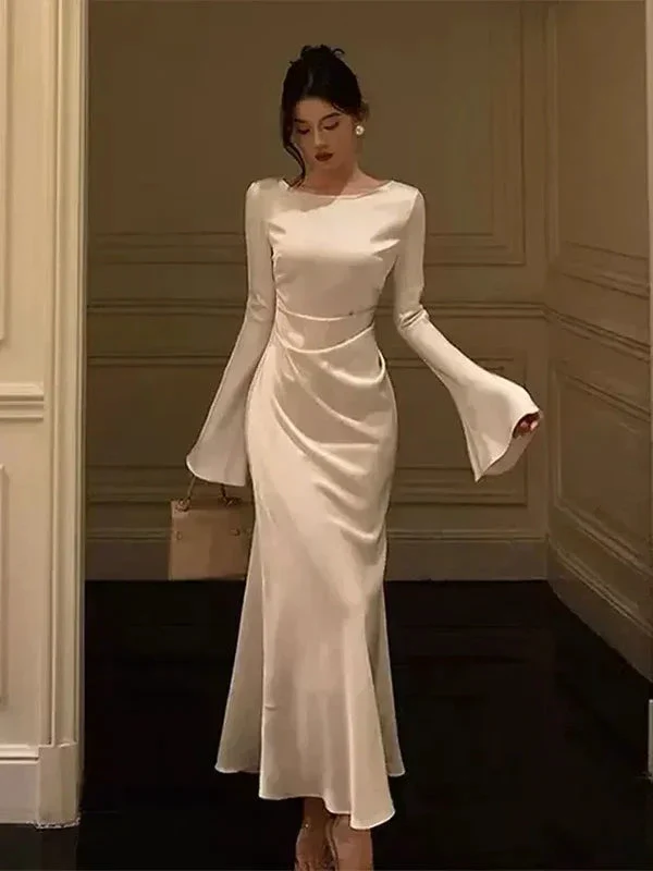 Women's O-Neck Satin Evening Dress Simple White Cocktail Dress Y6894 - Image 5