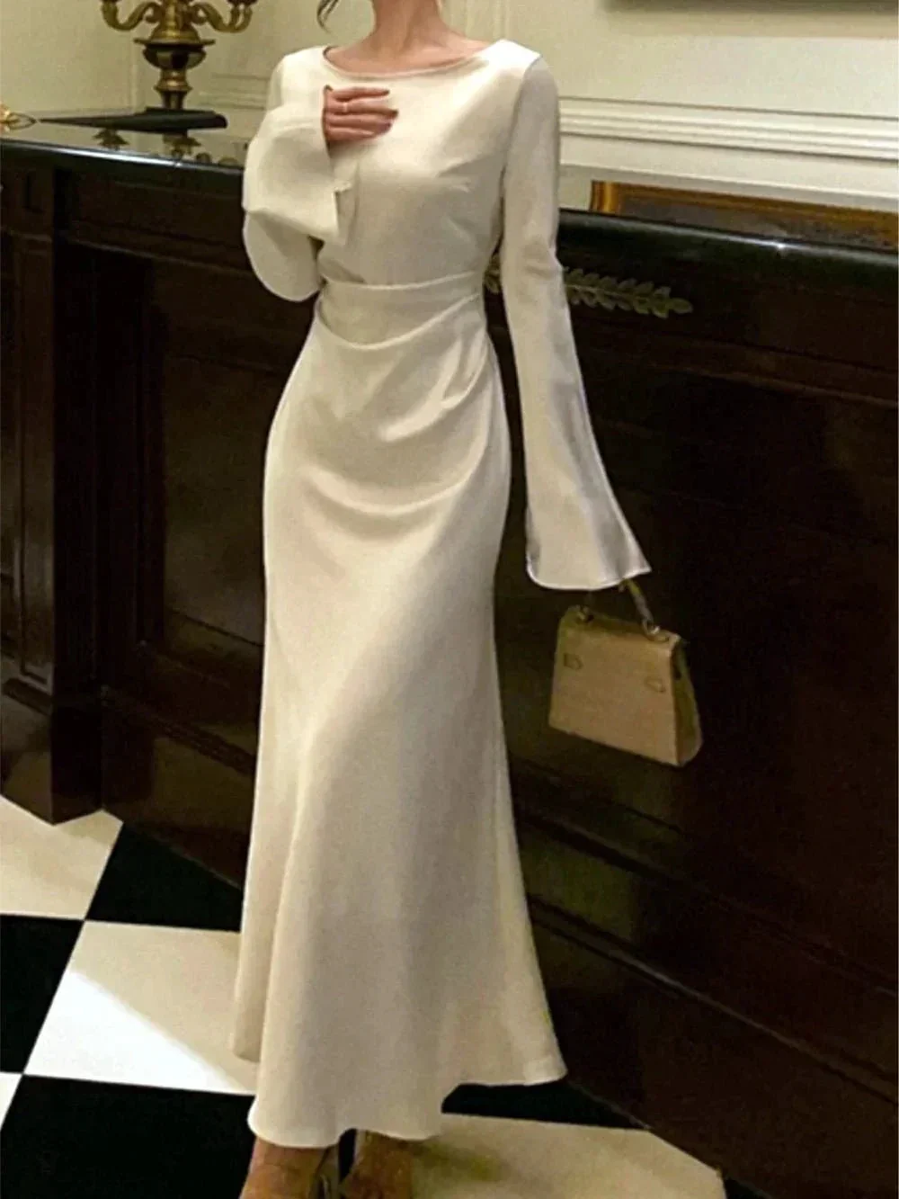 Women's O-Neck Satin Evening Dress Simple White Cocktail Dress Y6894 - Image 6