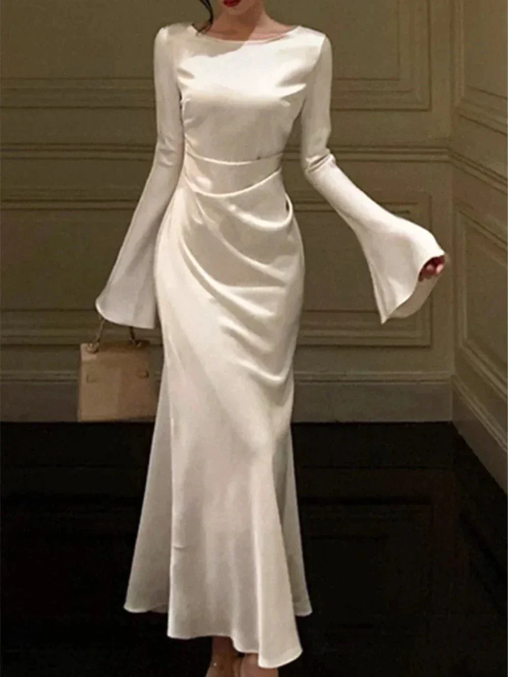 Women's O-Neck Satin Evening Dress Simple White Cocktail Dress Y6894 - Image 7