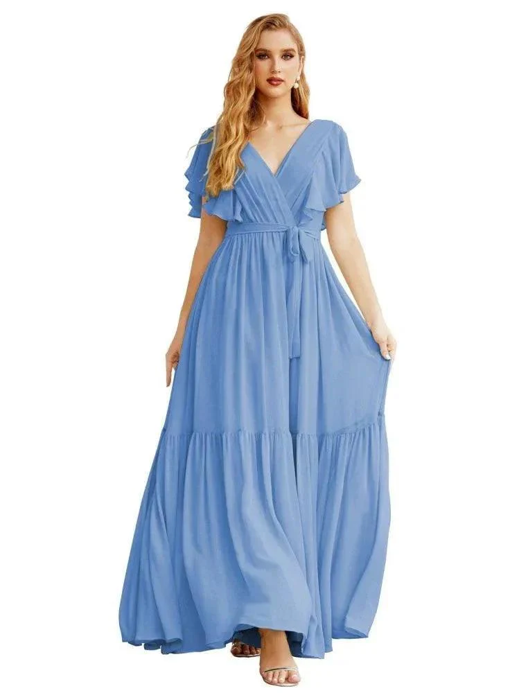 Women's Open Back Formal Evening Party Prom Gowns V-Neck Long Chiffon Bridesmaid Dresses with Waist Belt SEA28038 - Image 10