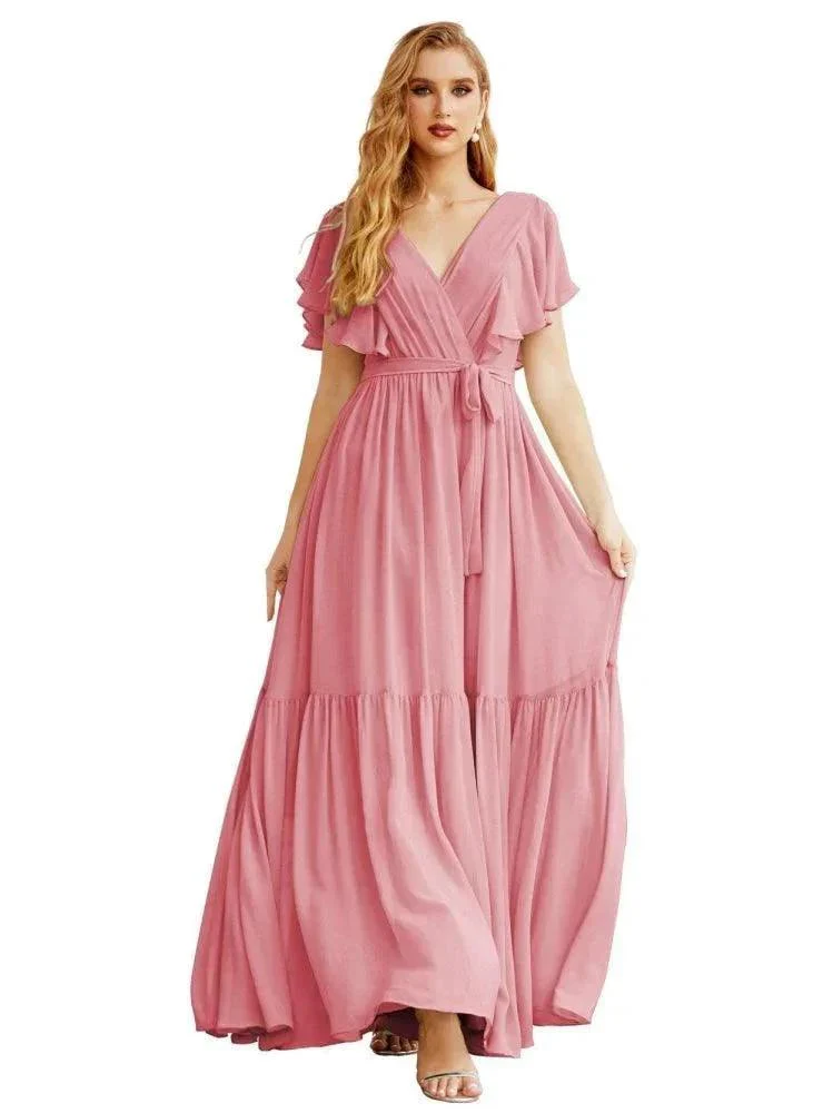 Women's Open Back Formal Evening Party Prom Gowns V-Neck Long Chiffon Bridesmaid Dresses with Waist Belt SEA28038 - Image 11