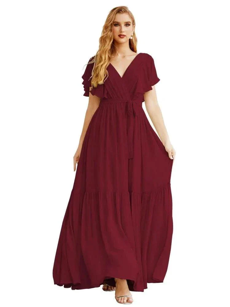 Women's Open Back Formal Evening Party Prom Gowns V-Neck Long Chiffon Bridesmaid Dresses with Waist Belt SEA28038 - Image 12