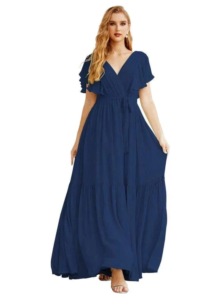 Women's Open Back Formal Evening Party Prom Gowns V-Neck Long Chiffon Bridesmaid Dresses with Waist Belt SEA28038 - Image 13