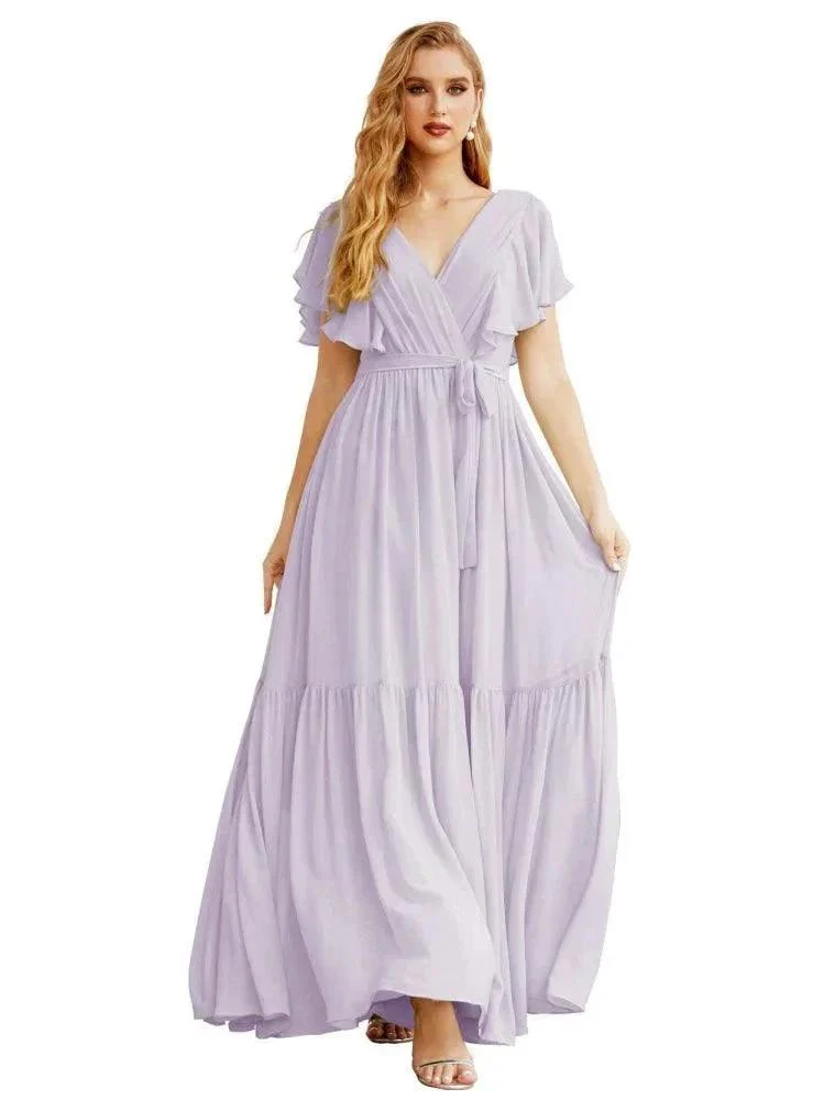 Women's Open Back Formal Evening Party Prom Gowns V-Neck Long Chiffon Bridesmaid Dresses with Waist Belt SEA28038 - Image 14